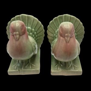 MCM Vintage Ceramic Fantail Dove Pigeon Bookends Birds Green Pink